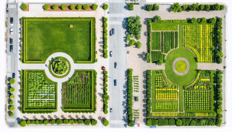Split-screen aerial view comparing empty urban lot to thriving community garden in Edmonton