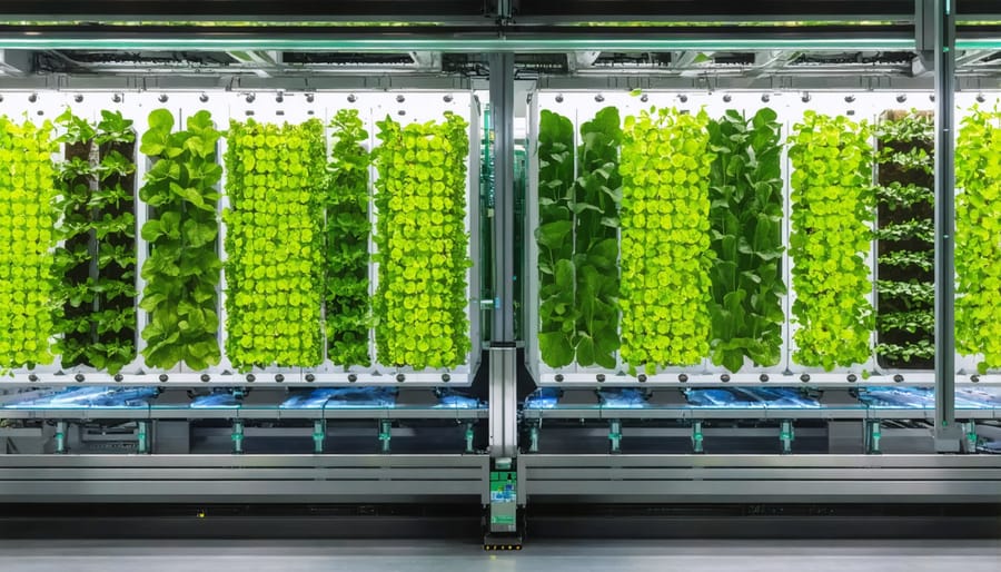 Modern vertical farming system with LED grow lights and automated irrigation in an urban setting