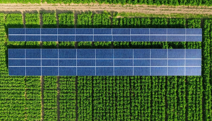 Aerial photograph of solar panels installed above growing crops in a Canadian farm setting