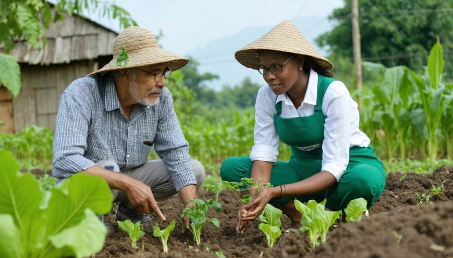 Experienced farmer explaining agroecological practices to a group of training participants in the field