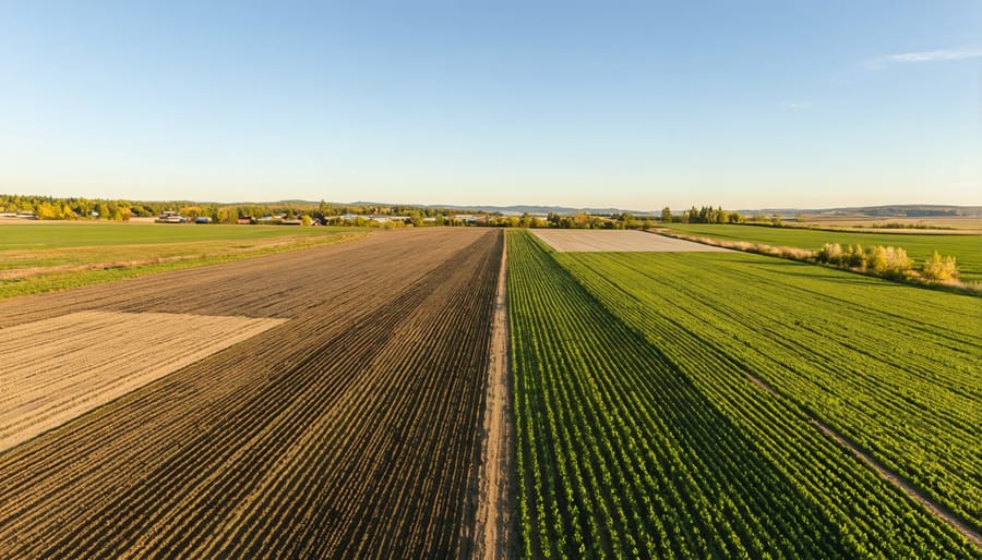 Bird's eye view of diverse crop rotation patterns on an Alberta farm
