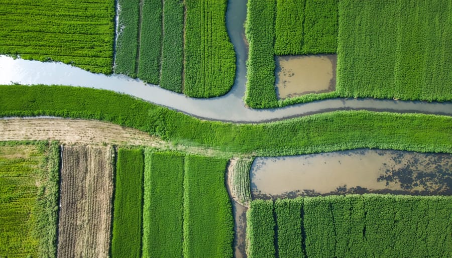 Bird's eye view of farmland with integrated water systems including ponds, wetlands, and cultivated fields