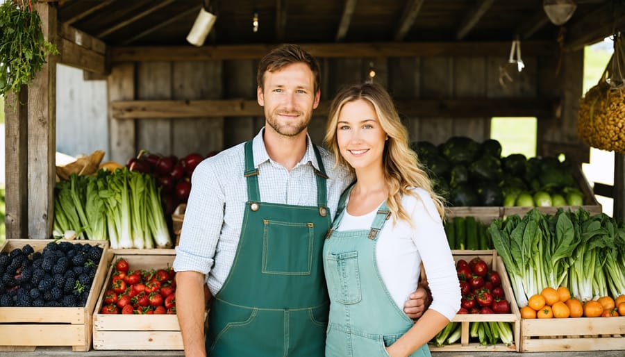 Multi-generational farming family displaying fresh produce at their market stand