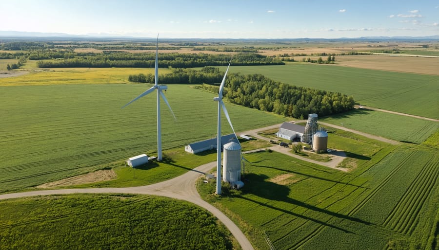 Wind turbines integrated into a working Alberta farm landscape with wheat fields