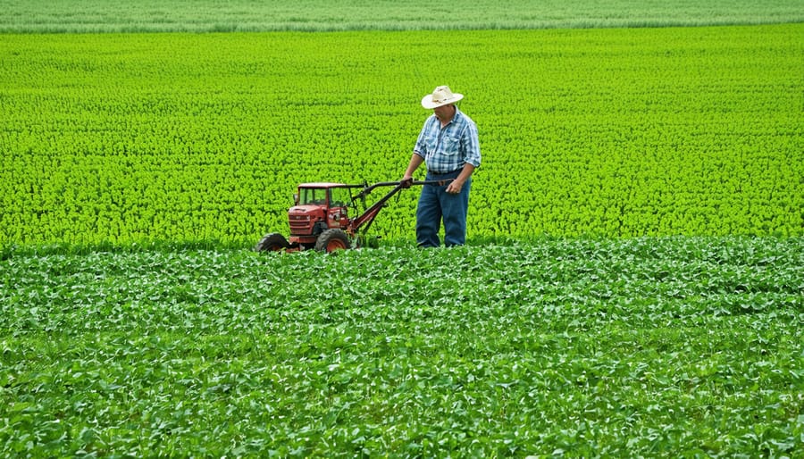 Modern farmer examining diverse crop rotation field with multiple crop varieties visible
