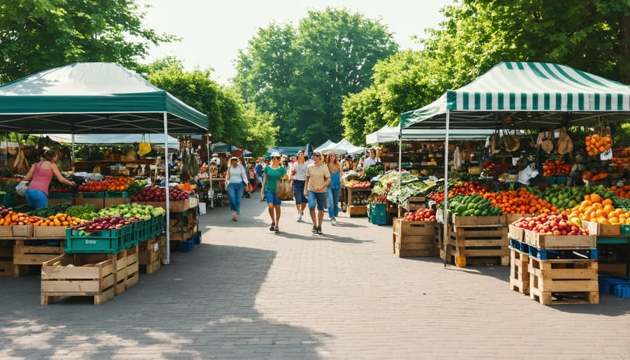 Local farmers' market with vendors selling produce and customers shopping