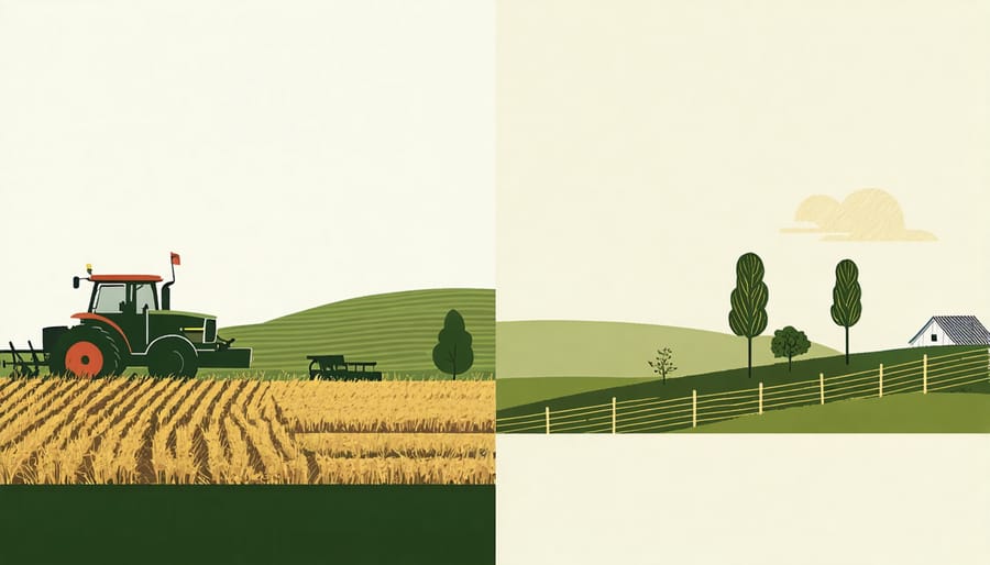Side-by-side comparison of traditional farming methods and modern sustainable agricultural practices