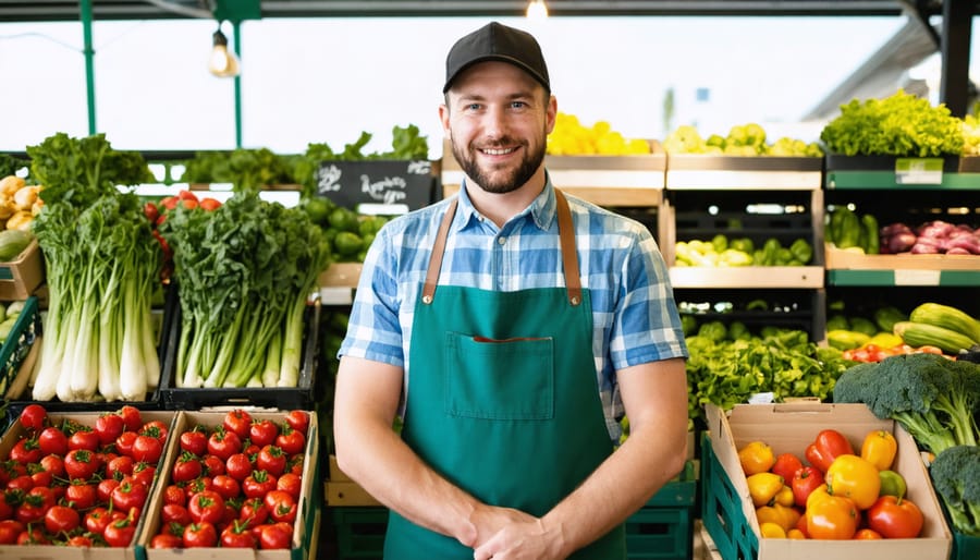 Smiling farmer displaying organic certification certificate with farm produce in background