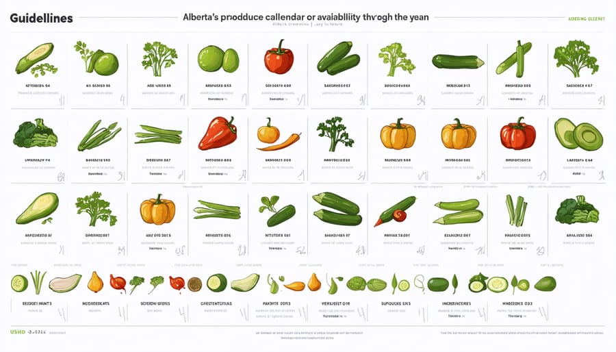 Circular calendar diagram displaying seasonal availability of local Alberta produce