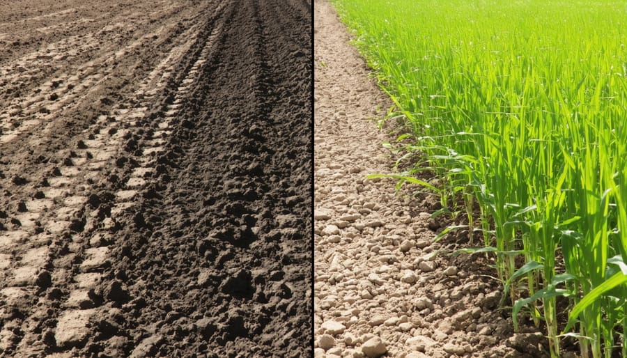 Side-by-side comparison showing the texture and color difference between healthy dark prairie soil and depleted, lighter colored soil