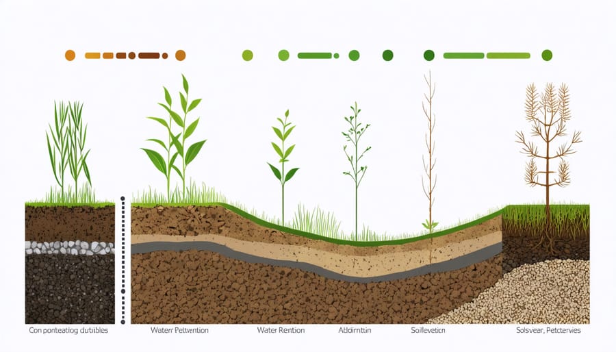 Illustrated cross-section of clay, loam, and sandy soil types showing water molecule retention patterns