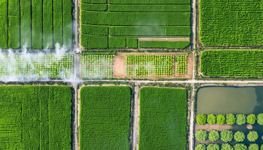 Bird's eye view of organic farm with sustainable water management systems