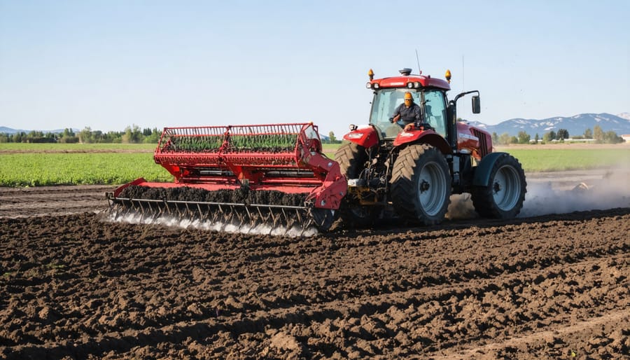 Farmer operating machinery to apply biochar to agricultural field in Alberta