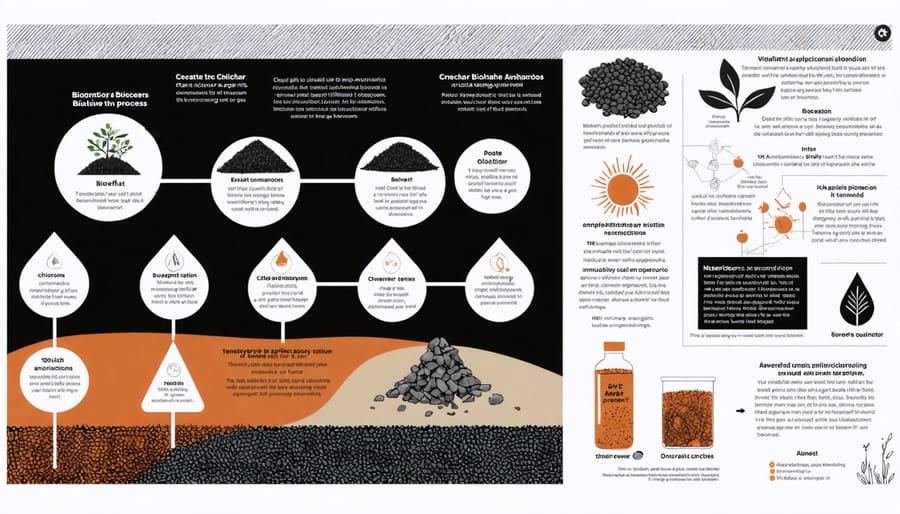 Step-by-step visual guide showing biochar production, application methods, and soil improvement benefits