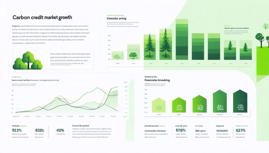 Line graph showing increasing carbon credit market value and trading volumes