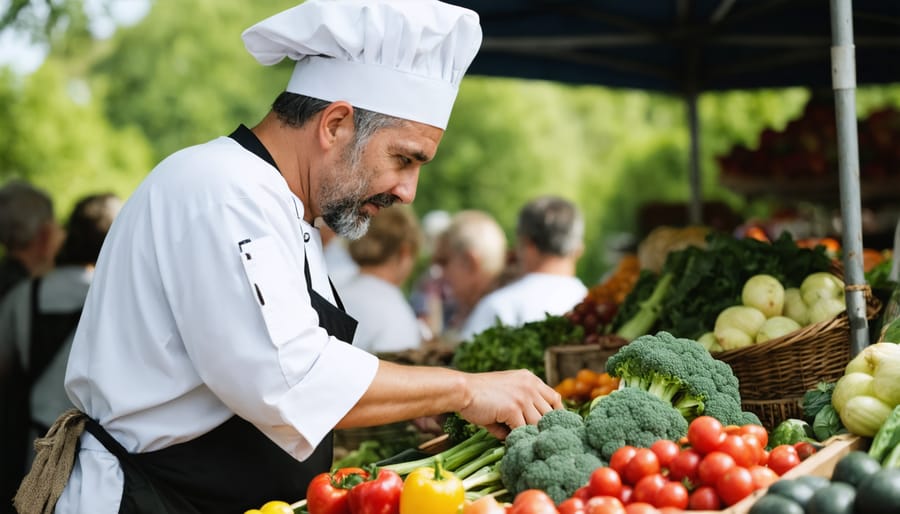 Restaurant chef selecting seasonal ingredients from local farmers at market