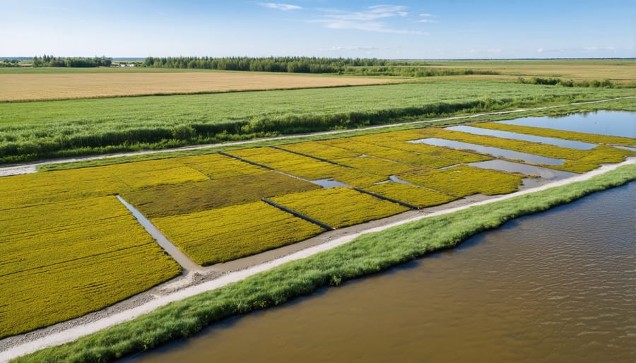 Natural wetland water filtration system with various vegetation zones and settling ponds