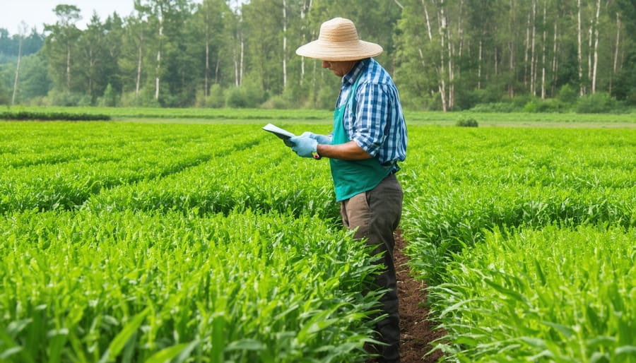 Farmer kneeling in a diverse cover crop field, holding and examining plant roots
