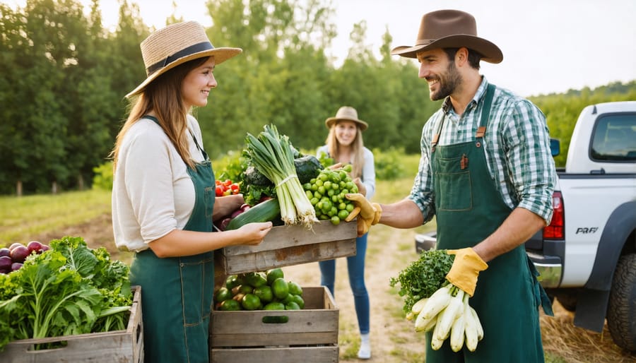Smiling farmer handing fresh vegetable boxes to CSA members during weekly distribution