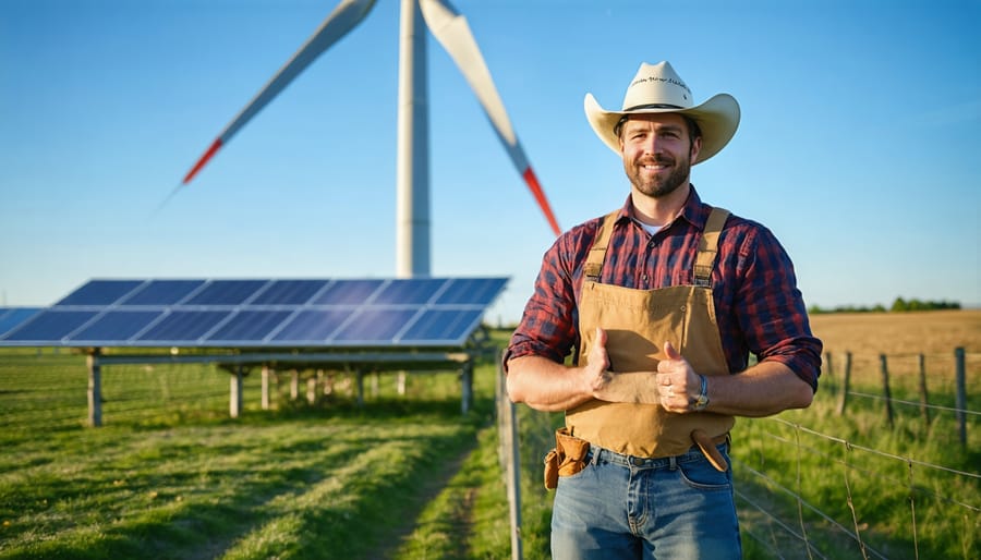 Farmer explaining their wind energy storage system with dairy farm in background