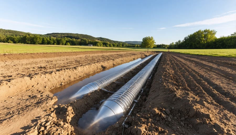 Construction equipment installing underground geothermal pipes on an Alberta farm