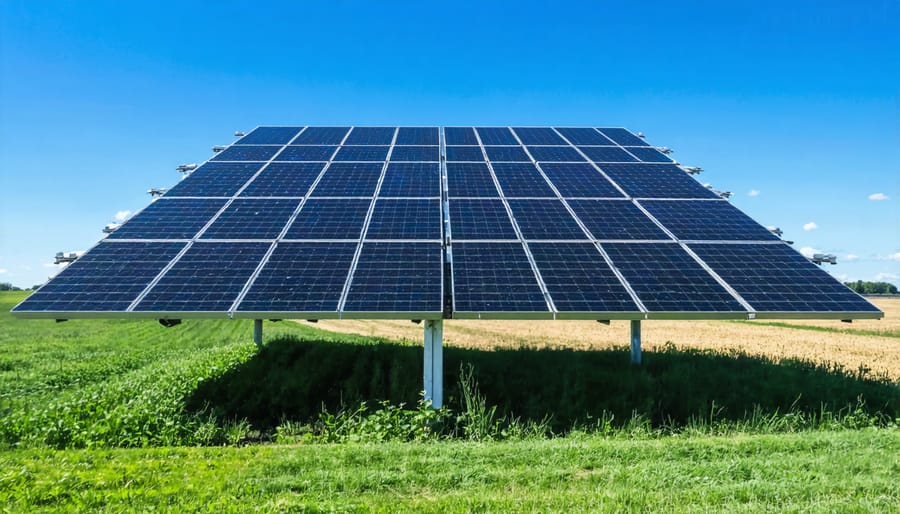 Solar panels mounted on dairy barn roof with cows grazing in the foreground