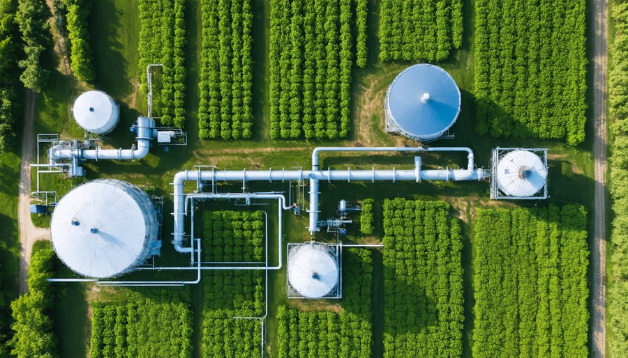 Bird's eye view of an organic farm's integrated water management system with storage tanks and irrigation lines