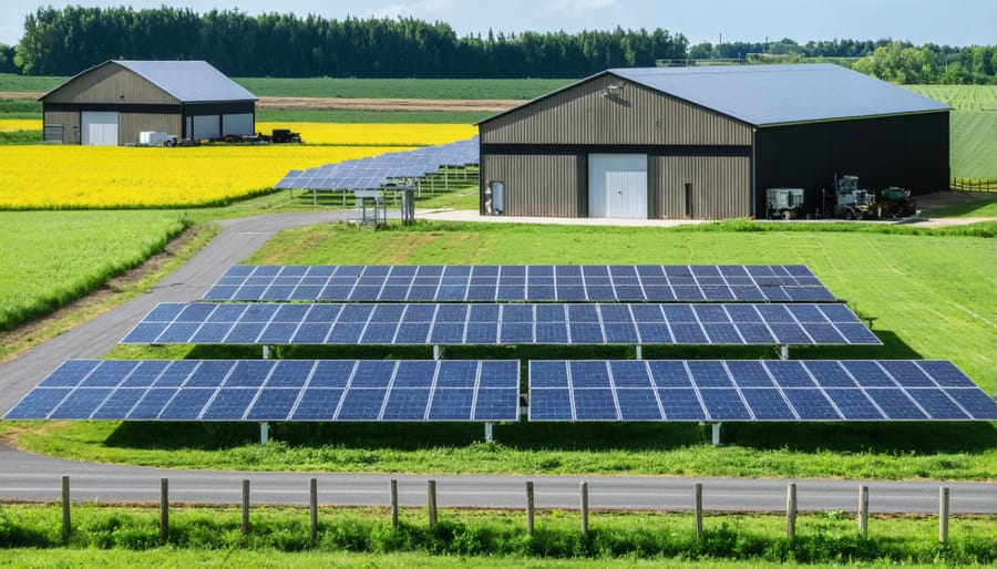 Large battery storage units connected to wind energy system on a farm