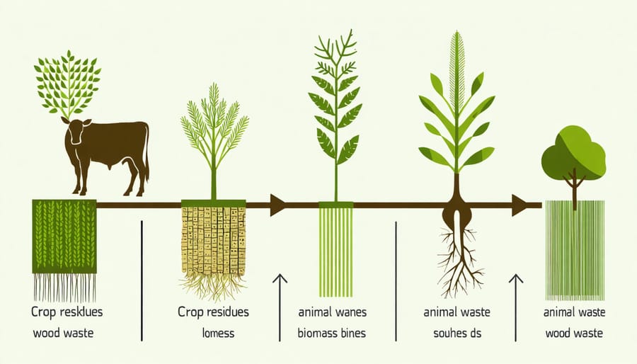 Illustrated diagram of common farm biomass sources including corn stalks, manure, and wood chips