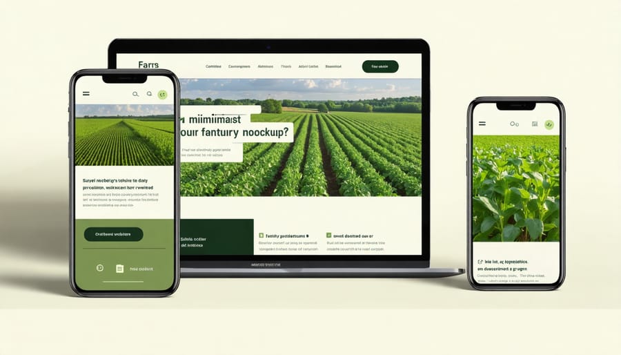 Farm e-commerce website displayed on laptop, tablet, and smartphone screens