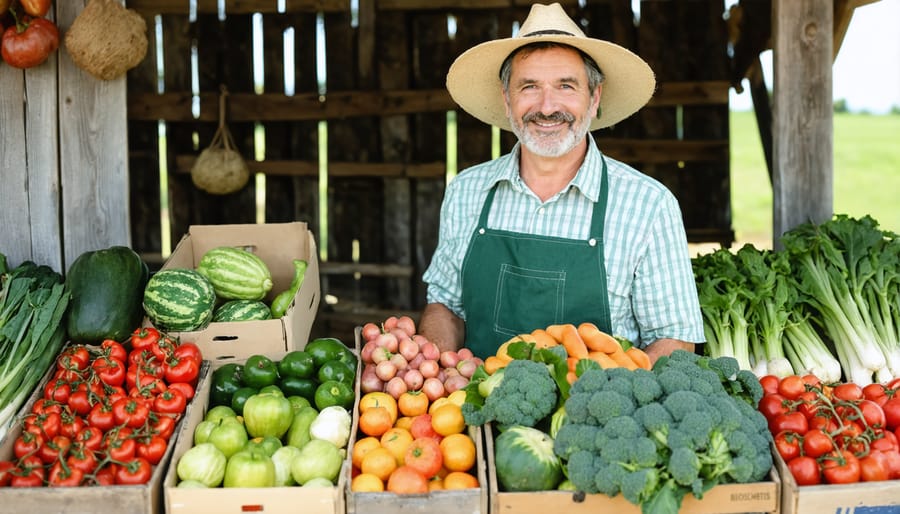 Smiling Alberta farmer arranging colorful vegetables at a rustic farm stand