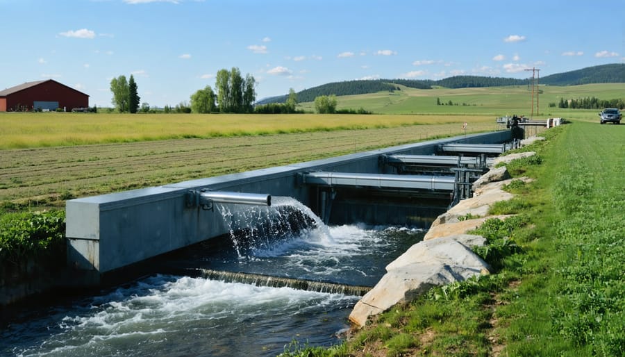 Working micro hydropower system installed alongside an agricultural irrigation canal