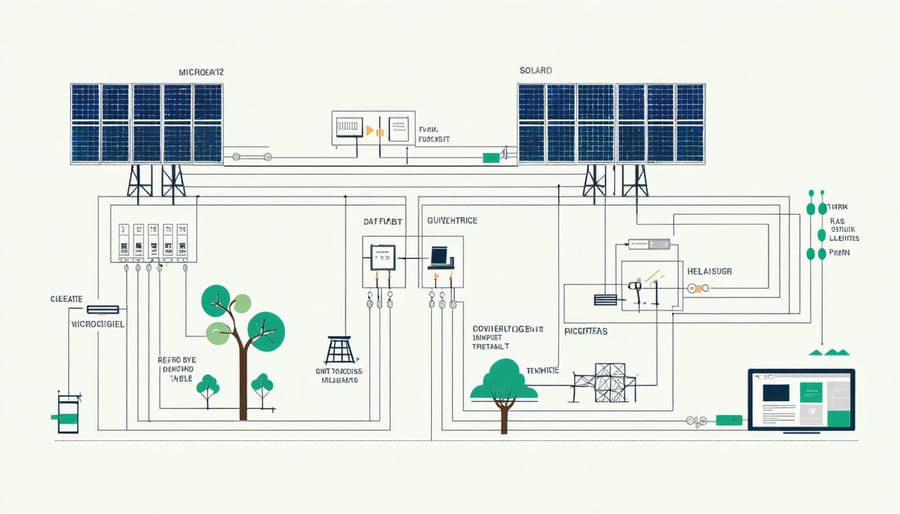 Infographic illustrating solar panels, battery storage, inverters, and control systems in a farm microgrid setup