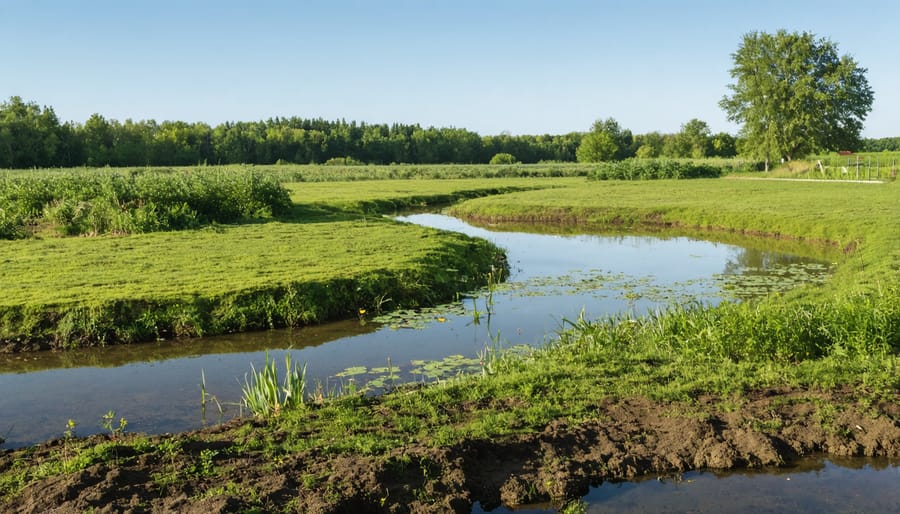 Well-designed farm pond featuring graduated slopes, aquatic plants, and surrounding vegetation buffer
