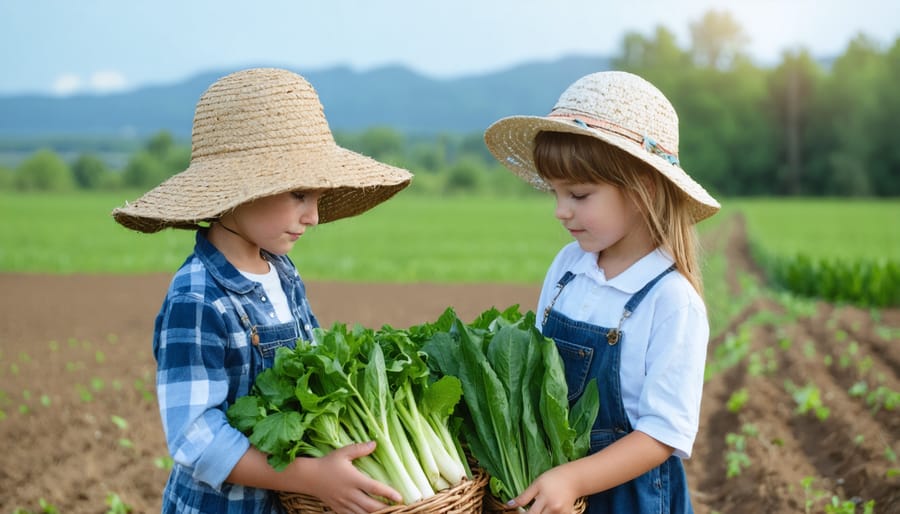 Farmer demonstrating harvesting techniques to a group of engaged students