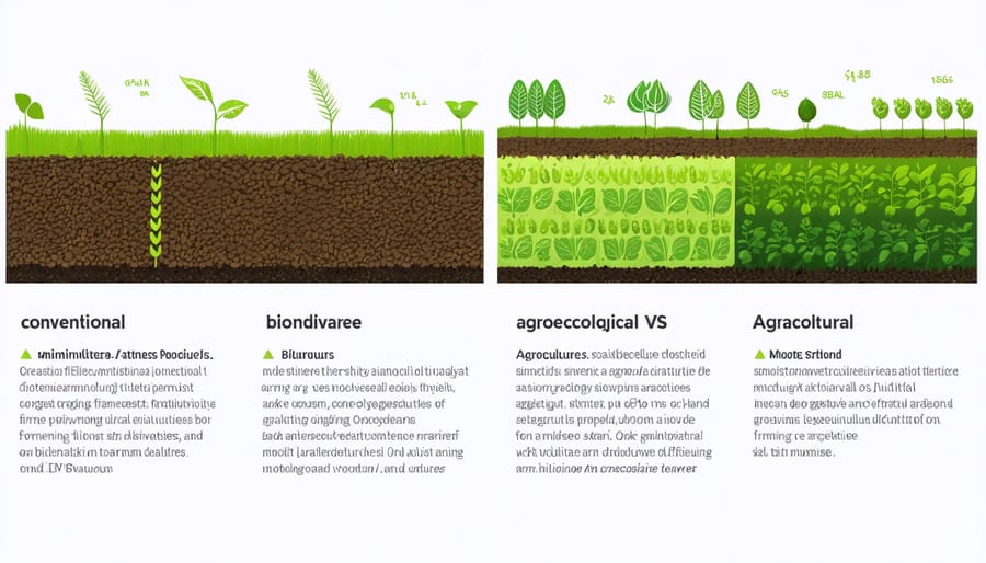Side-by-side comparison of traditional and agroecological farming methods