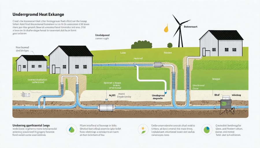 Cross-sectional illustration of a farm-based geothermal system showing underground pipes and heat exchange process