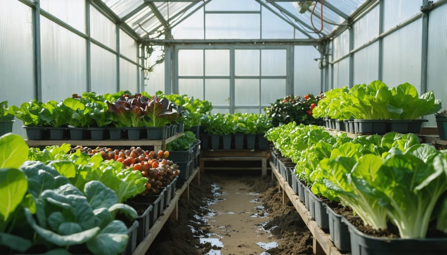 Modern greenhouse utilizing geothermal heating systems with rows of healthy vegetables growing in winter