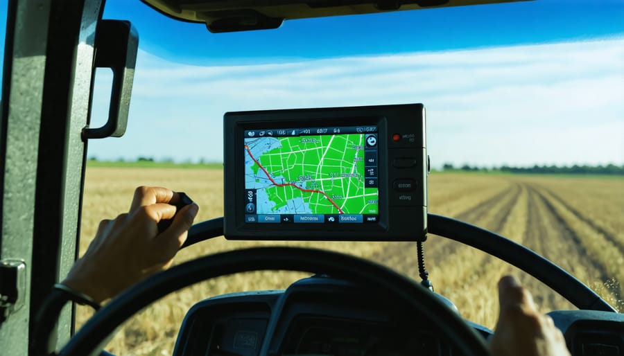 Modern tractor cab interior with GPS navigation screen and precision farming controls