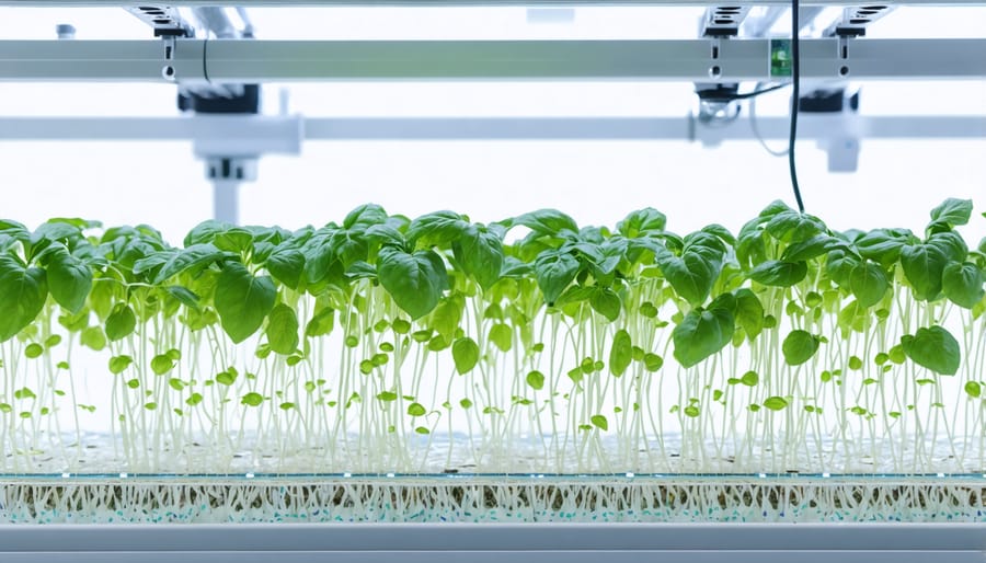 Detailed view of hydroponic system components including plant roots and monitoring equipment