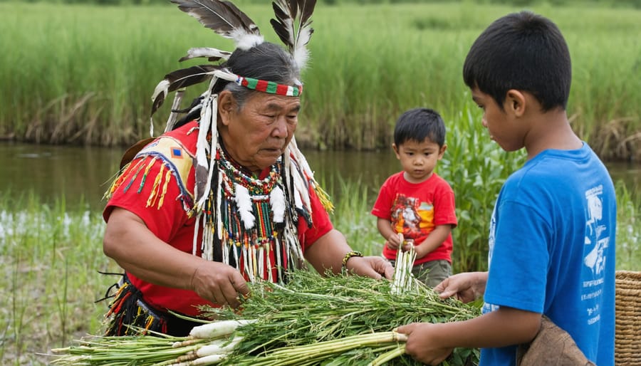 Elder demonstrating traditional food gathering methods to young community members in natural setting