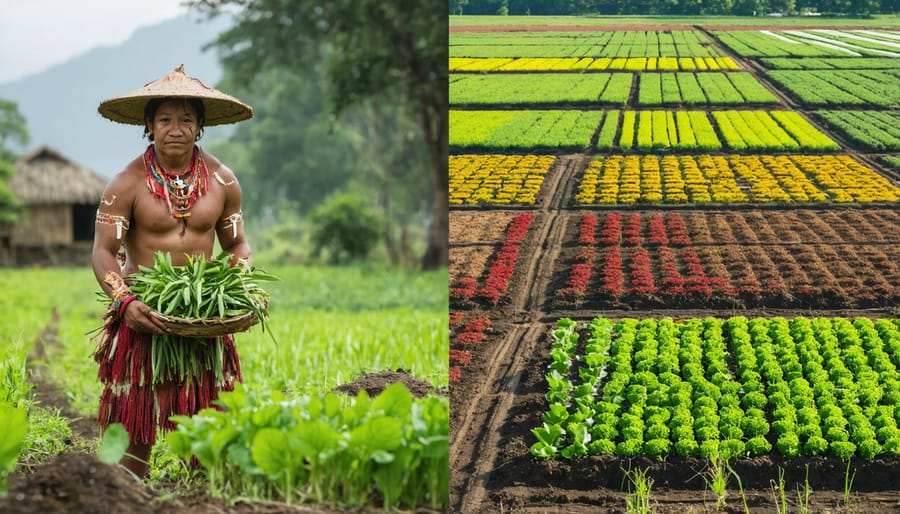 Side-by-side comparison of traditional First Nations farming techniques and contemporary organic farming practices in Alberta