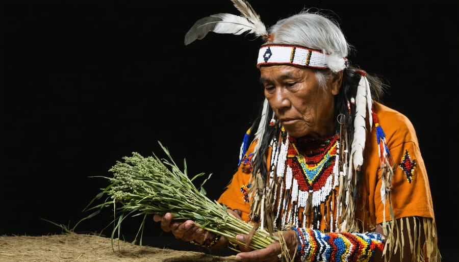 Elder holding sacred seeds during a spring blessing ceremony with smoke from ceremonial herbs rising in the background