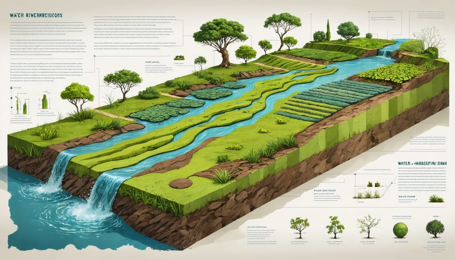 Modern irrigation system incorporating traditional Indigenous water conservation principles with natural contours and native plants
