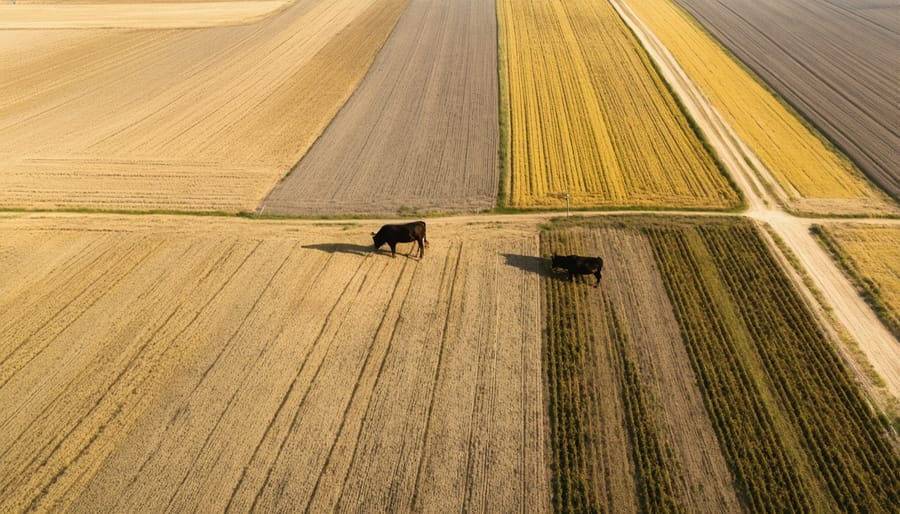 Aerial view of cattle grazing on harvested crop fields in an integrated farming system