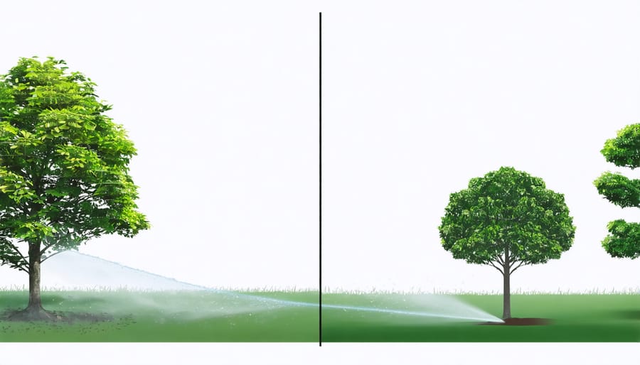 Split image comparing outdated sprinkler irrigation with modern smart irrigation technology in Alberta tree farm