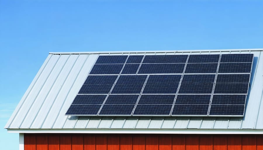 Large solar panel array mounted on a modern dairy barn roof in Alberta