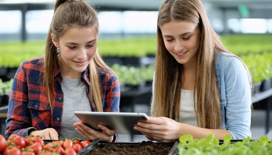 Agricultural students analyzing soil samples while using digital technology in a modern classroom setting