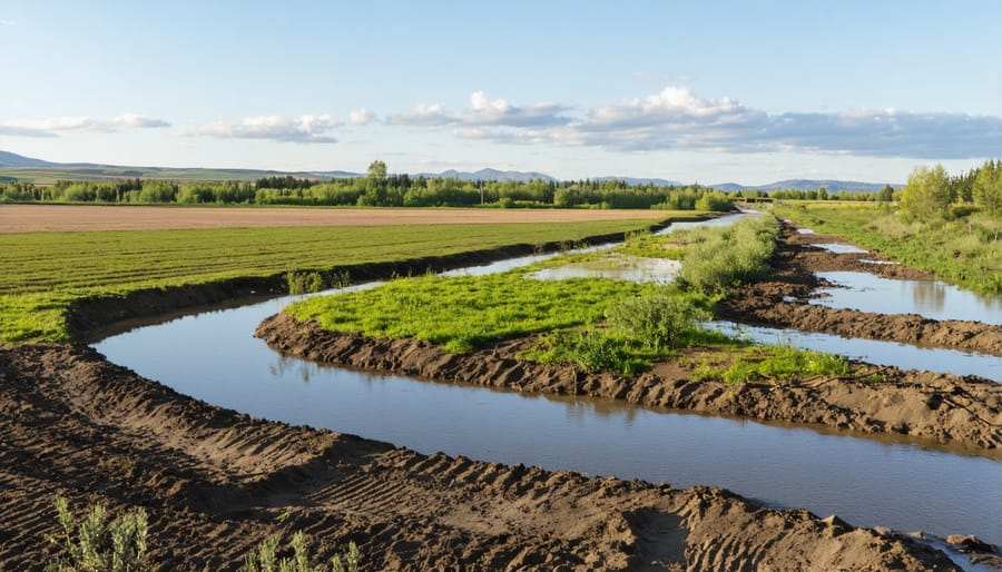 Aerial view of a modern farm using traditional water management techniques