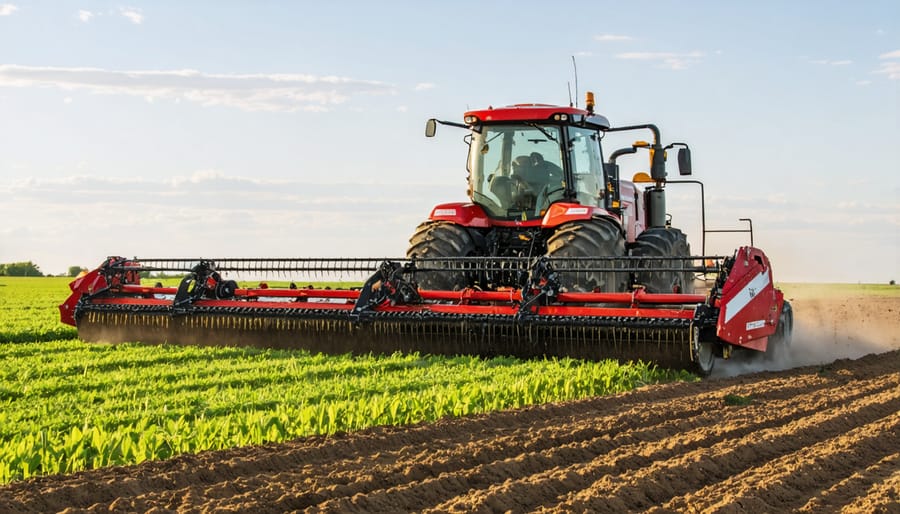 Modern no-till seeder operating in a field with visible crop residue on soil surface
